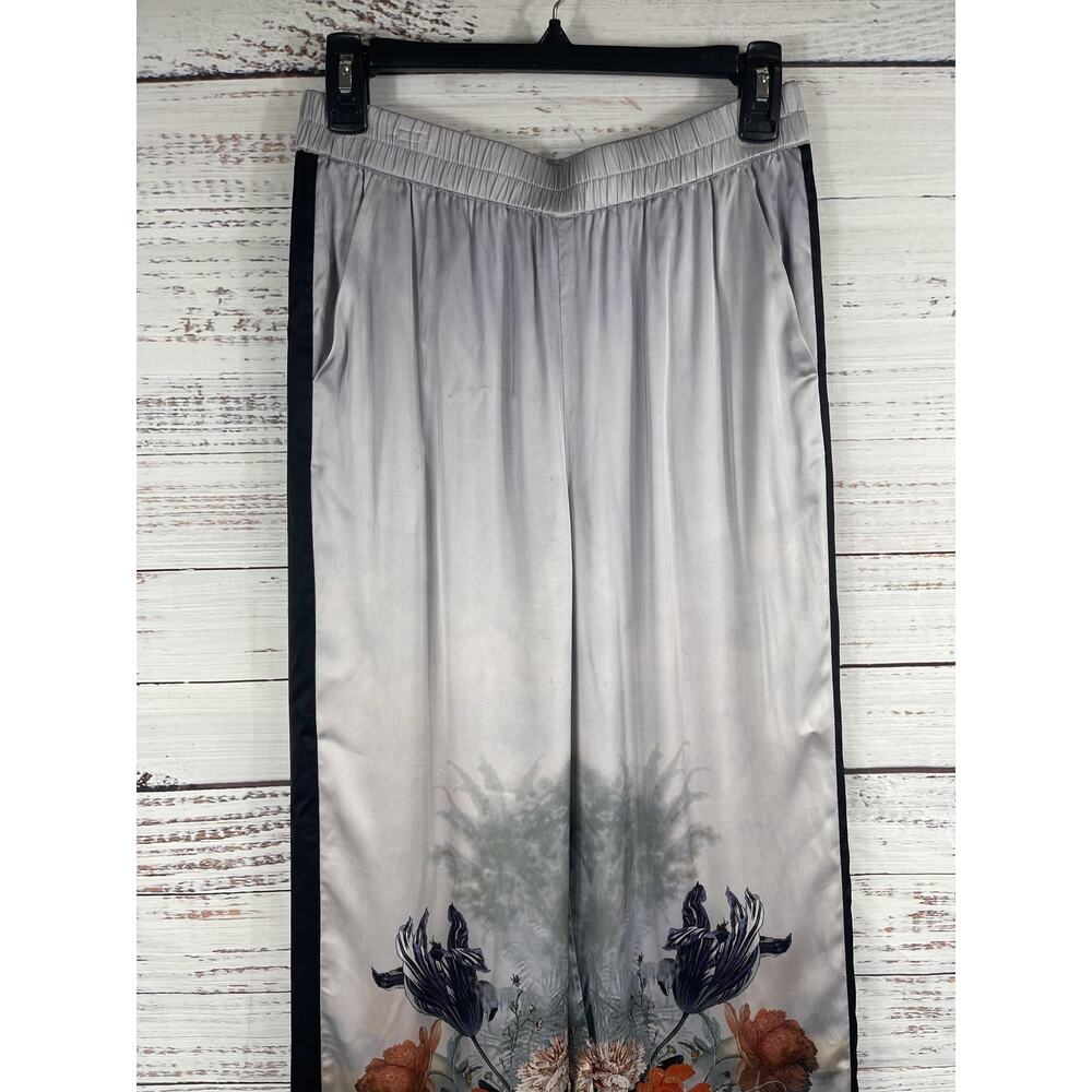 Caballero Pants Womens Size Small Gray Satin Wide Leg Floral Print Elastic Waist - Picture 3 of 9